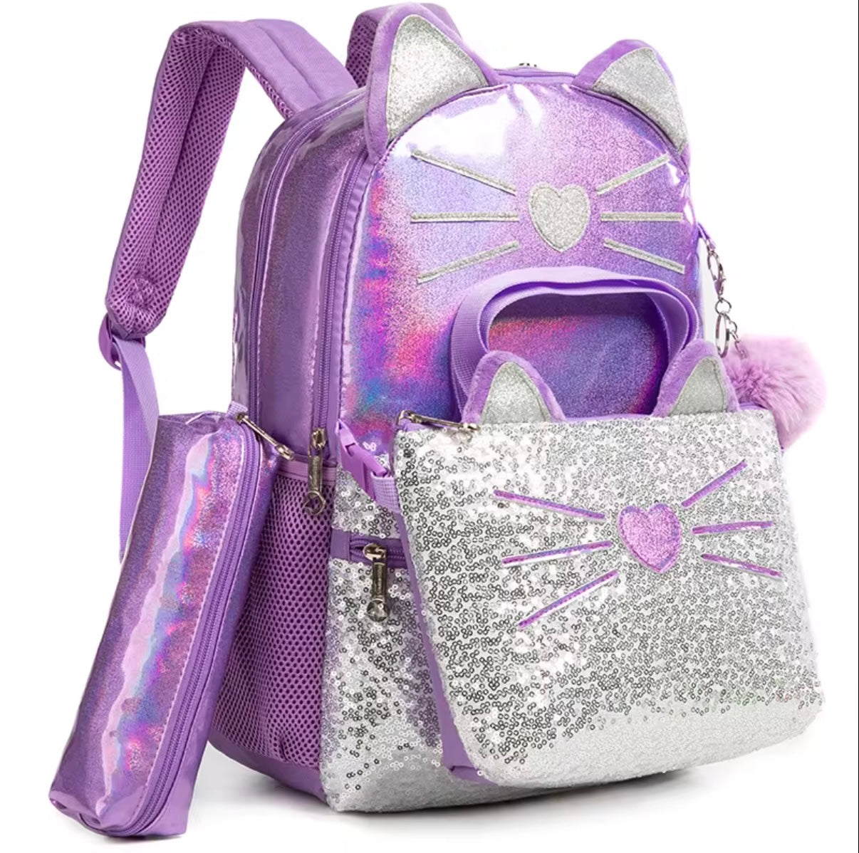 Sparkling Kitty 3-Piece Iridescent Backpack set