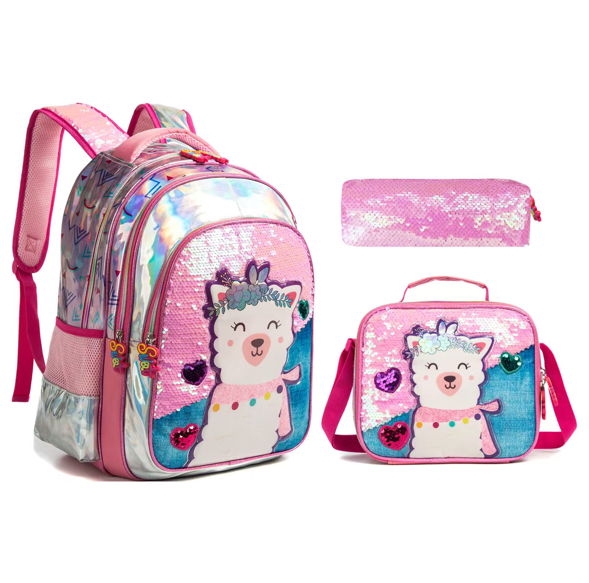 Llama 3-Piece set Sequin &amp; Holographic Backpack Set